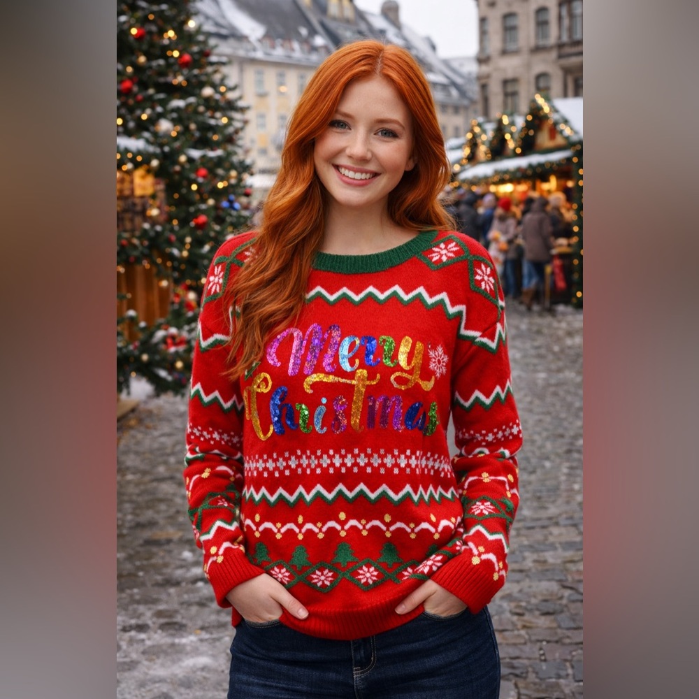 Holiday Time Merry Christmas Ugly Sweater Red Sequin Lettering